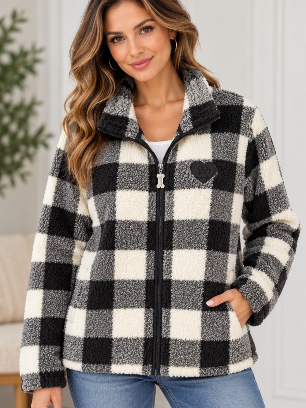 Skechers BOBS Womens XL Sherpa Fleece Jacket Buffalo Plaid Full Zip Cozy Black